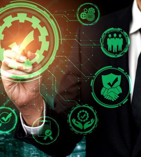 Quality Assurance and Quality Control Concept - Modern graphic interface showing certified standard process, product warranty and quality improvement technology for satisfaction of customer.